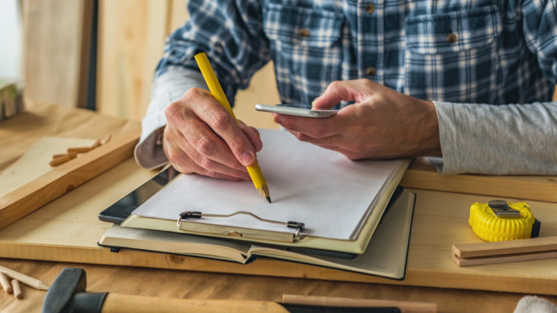 Tradesperson in plaid shirt writing on clipboard with pencil, holding smartphone, tape measure and wood on workbench