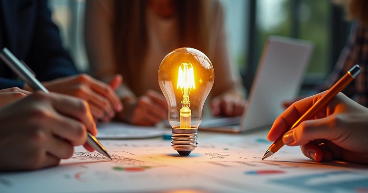 Glowing filament light bulb on a table surrounded by hands holding pens and colourful paper documents