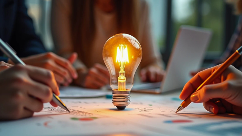 Glowing filament light bulb on a table surrounded by hands holding pens and colourful paper documents
