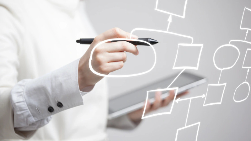 Person in white jacket holding a tablet and stylus, pointing at a floating flowchart diagram overlay