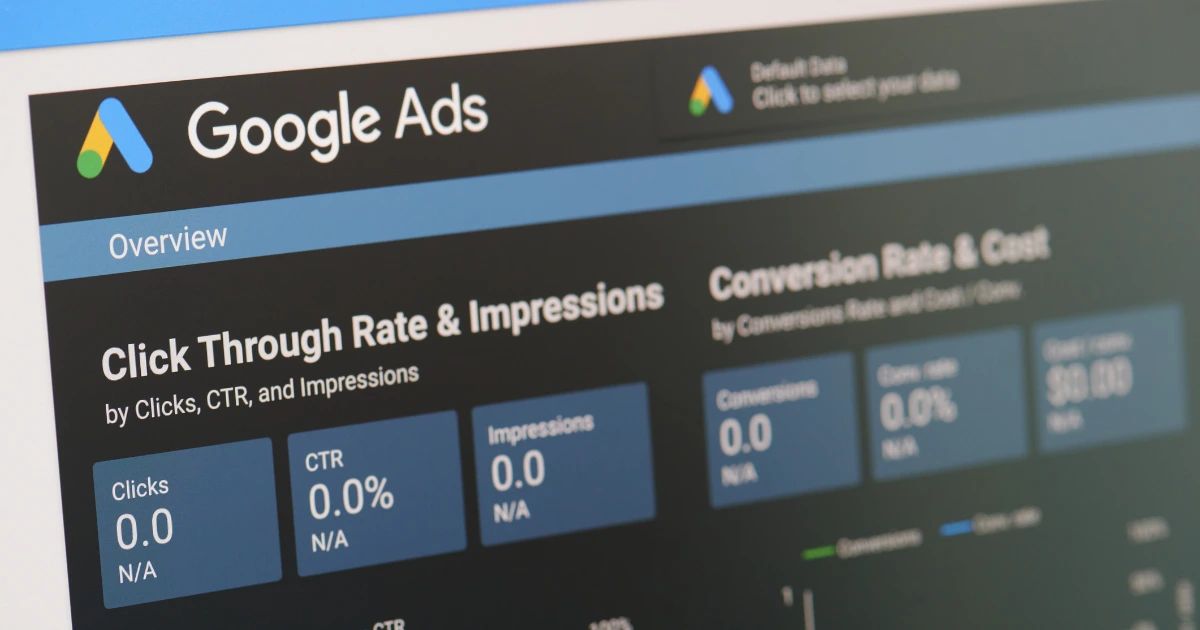 Google Ads overview dashboard showing click through rate, impressions, CTR and conversion rate metrics on screen